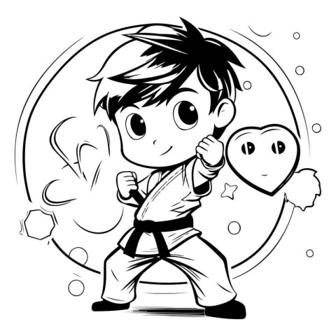 Karate boy - black and white vector illustration for coloring bo