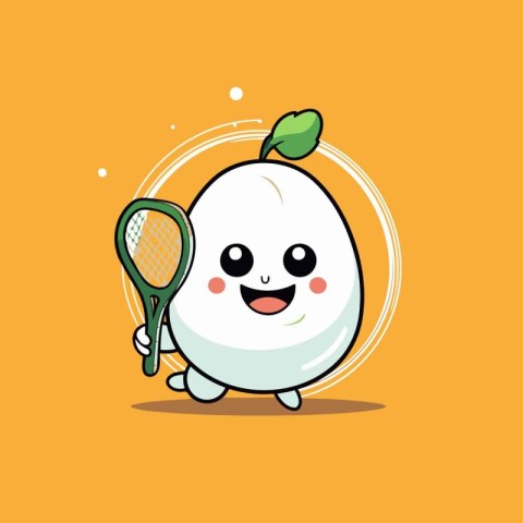 Cute cartoon character white egg with tennis racket on orange ba