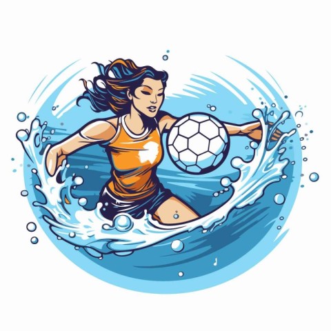Girl playing soccer with a ball on the waves. Vector illustratio