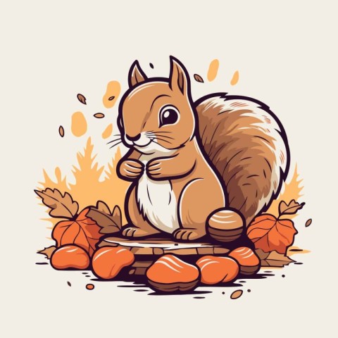 Squirrel with nuts and autumn leaves. Vector illustration for yo