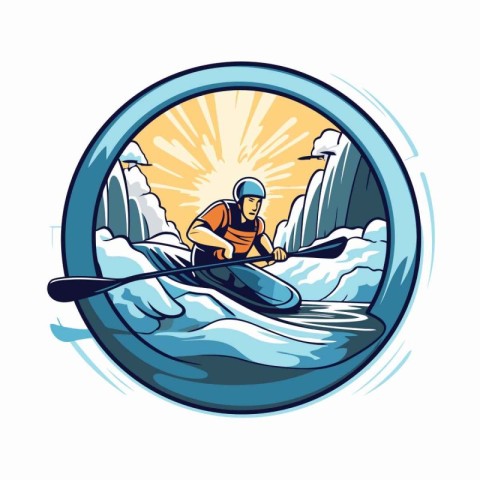 Man paddling on a kayak in the mountains. Vector illustration.