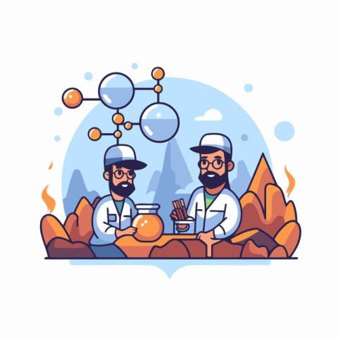 Vector illustration of two men in lab coats cooking on a camping