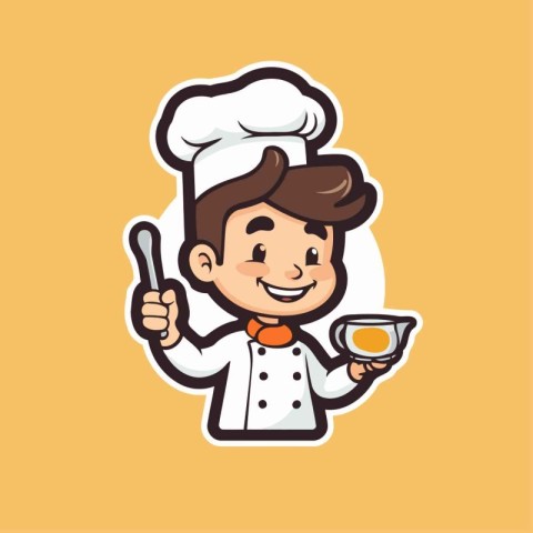 Cartoon chef boy with spoon and ladle. Vector illustration.