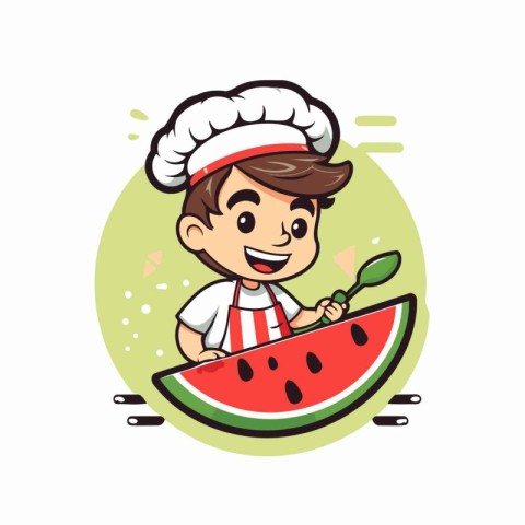 Illustration of a Cute Little Chef Boy Eating a Slice of Waterme