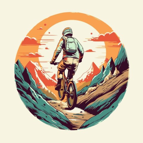 Biker rides on a mountain bike. Vector illustration in retro sty