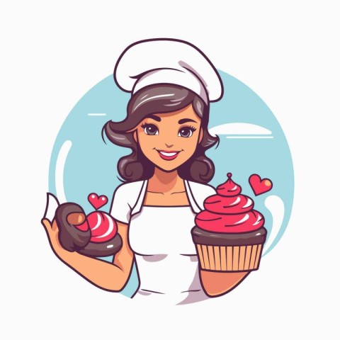 Cute woman chef holding cupcake and muffin. Vector illustration.