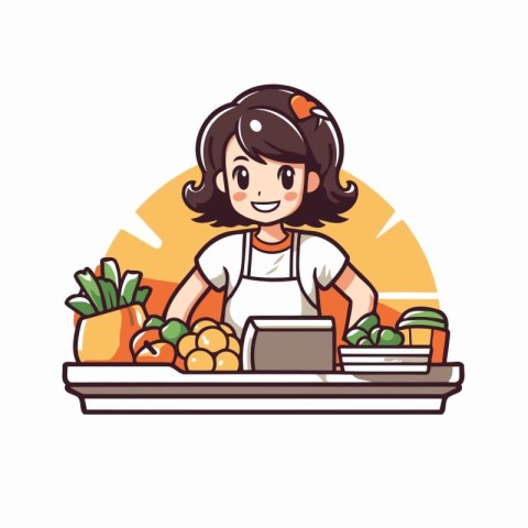 Girl with a laptop and fresh fruits and vegetables. Vector illus