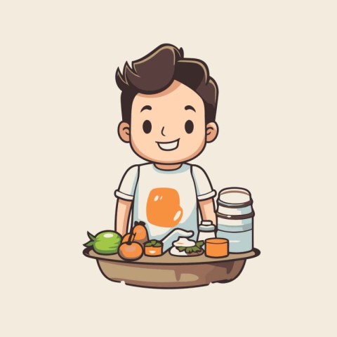 Illustration of a boy in a white T-shirt with a bowl full of foo