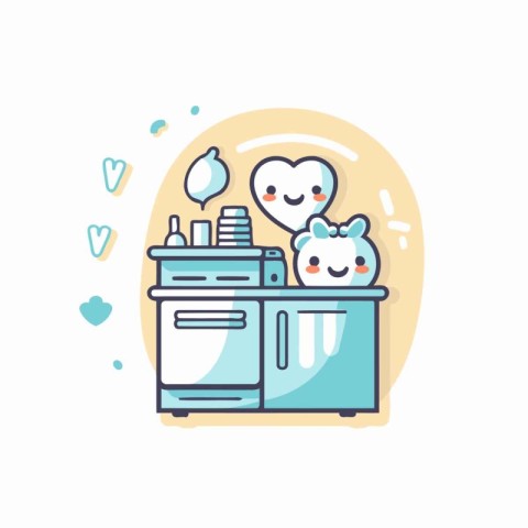 Cute kawaii characters in kitchen furniture. Vector illustration