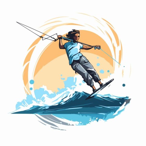 Kitesurfing. Vector illustration of a man riding a wakeboard.