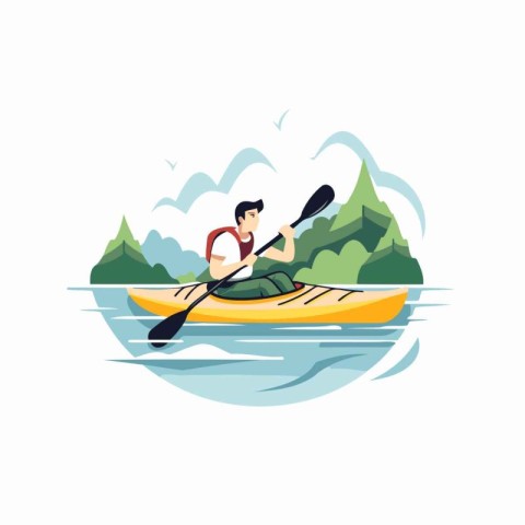 Man in kayak on a lake. Flat style vector illustration.