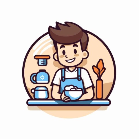 Coffee shop. Vector illustration in cartoon style. The boy is pr