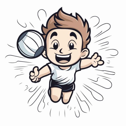 Boy Playing Volleyball - Cartoon Vector Illustration. Isolated O