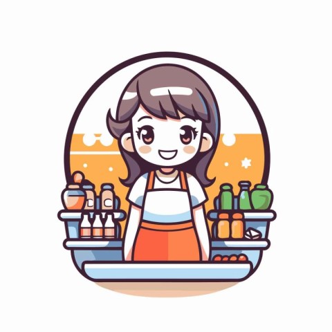 Cute little girl in apron in the supermarket. Vector illustratio