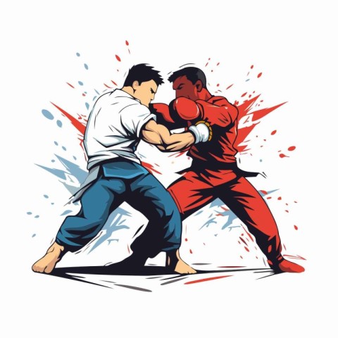 Martial arts. Two karate fighters in action. Vector illustration