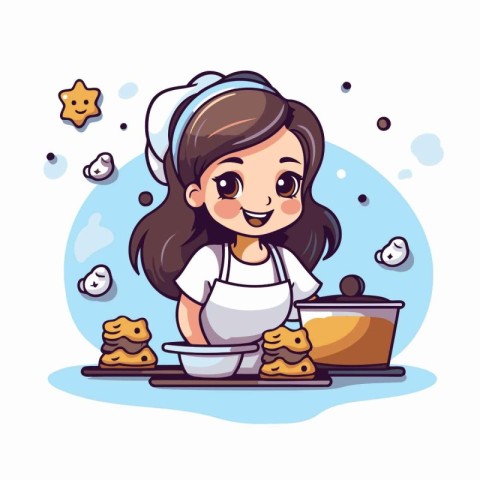 Cute little girl baking cookies. Vector illustration in cartoon