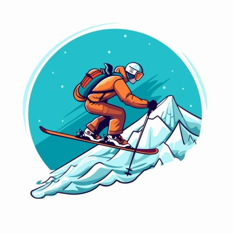 Vector illustration of skier in helmet and helmet skiing down th