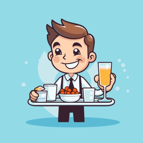 Waiter with a tray of food. Vector illustration in cartoon style