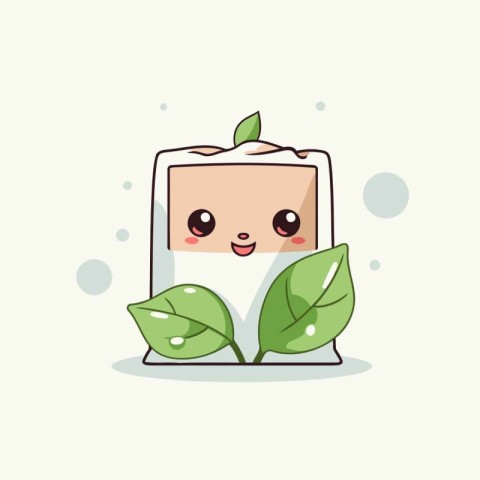 Cute and kawaii yogurt character with green leaves. Vector illus