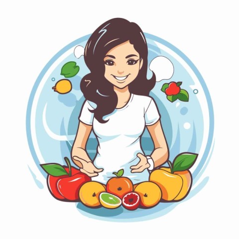 Beautiful smiling woman with fresh fruits. Vector illustration i