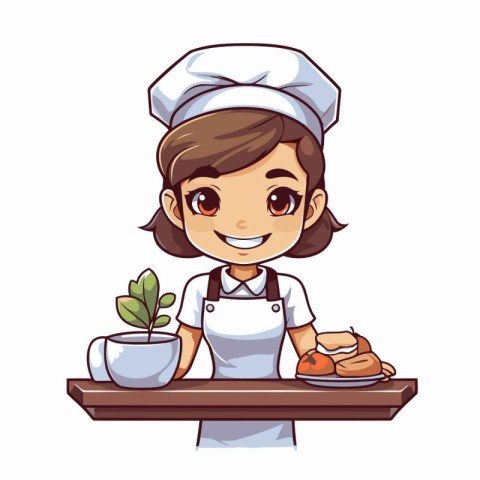 Cute cartoon chef girl with a plate of food. Vector illustration