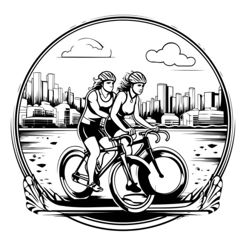 Cyclists on a bike in the city. Vector illustration.