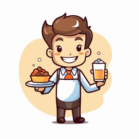 Waiter holding ice cream and plate with fruits. Vector illustrat