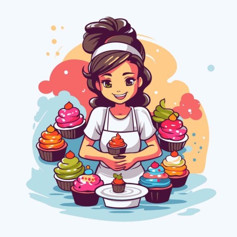 Cute girl chef with cupcakes. Vector illustration in cartoon sty