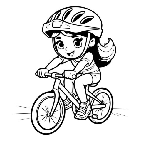 Cyclist Girl - Black and White Cartoon Illustration. Vector