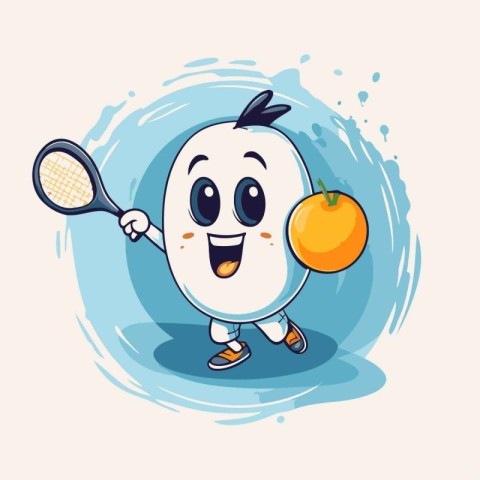 Illustration of a funny cartoon white egg with tennis racket and