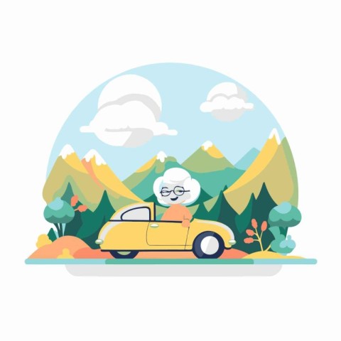 Elderly grandmother driving a car in the park. Flat style vector