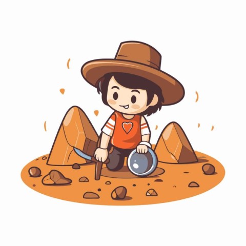 Cute little explorer boy holding a magnifying glass and a map