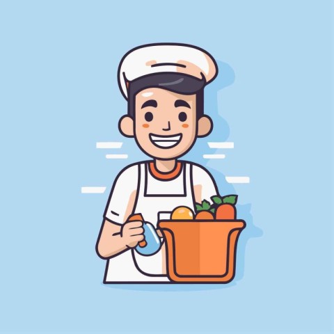 Cartoon chef character with basket of fresh fruits. Vector illus