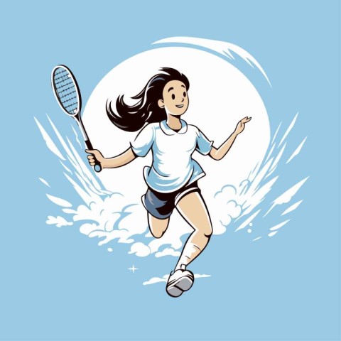 Girl playing badminton. Vector illustration of a woman playing b