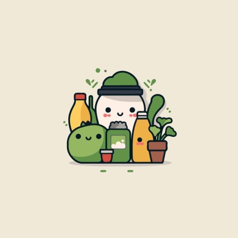 Illustration of a cute vegetable character wearing a hat and dri