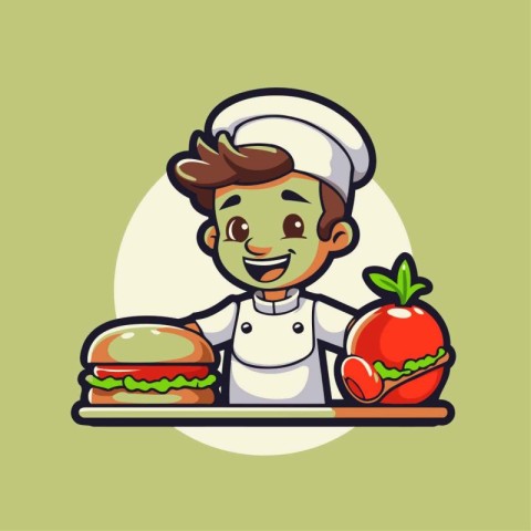 Cute cartoon chef with hamburger and tomato. Vector illustration