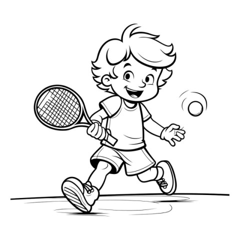 Tennis Player - Black and White Cartoon Illustration of a Kid Pl