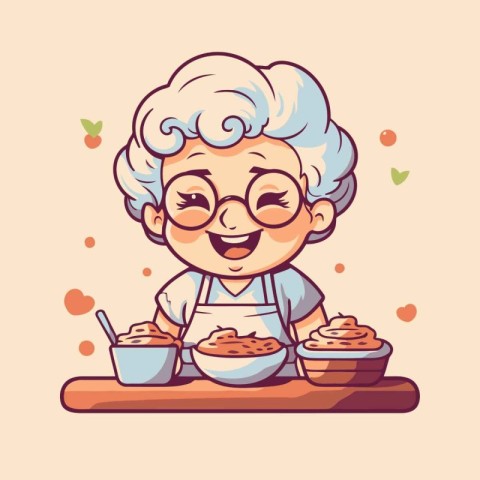 Grandmother eating cake. Vector illustration in cartoon style on