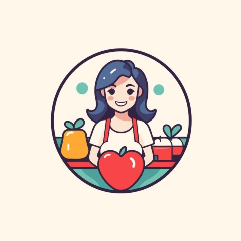 Vector illustration of a girl with a red apple in her hands.