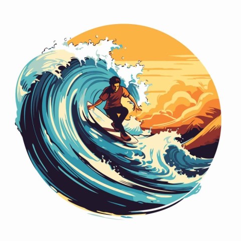 Surfer on the surfboard in the waves. Vector illustration.