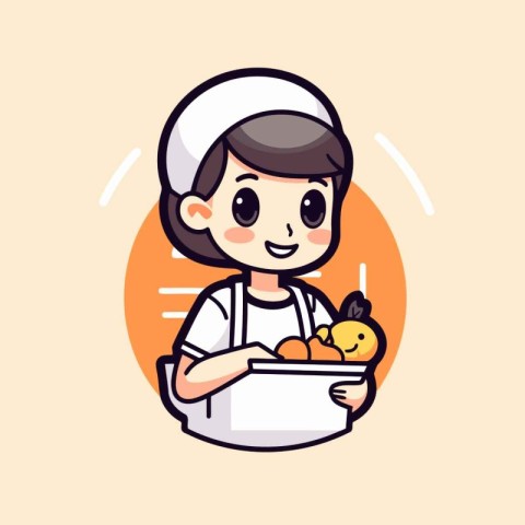 Cute girl chef holding a basket of fruits. Vector illustration.