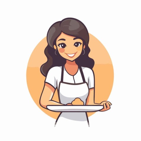 Woman chef cartoon character in a white apron holding a tray. Ve