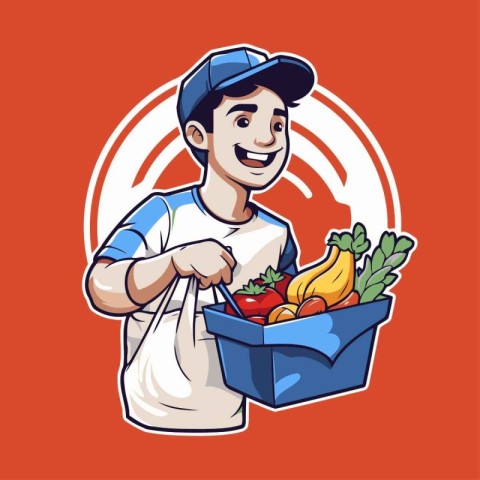 Vector illustration of a delivery man with a basket full of fres