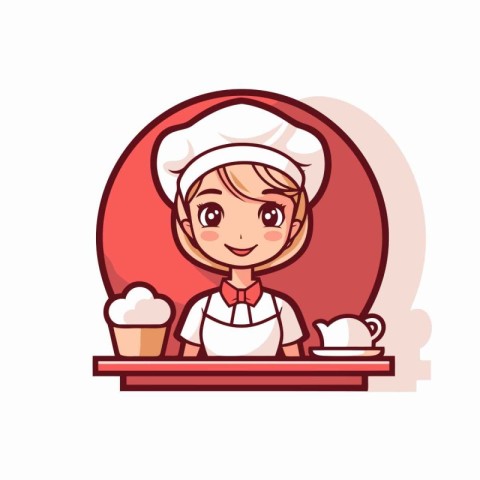 Cute little girl chef in uniform and hat. Vector illustration.