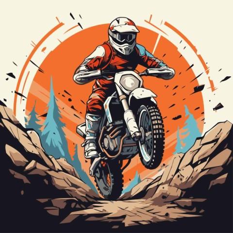 Motocross rider on the road. Vector illustration in retro style.