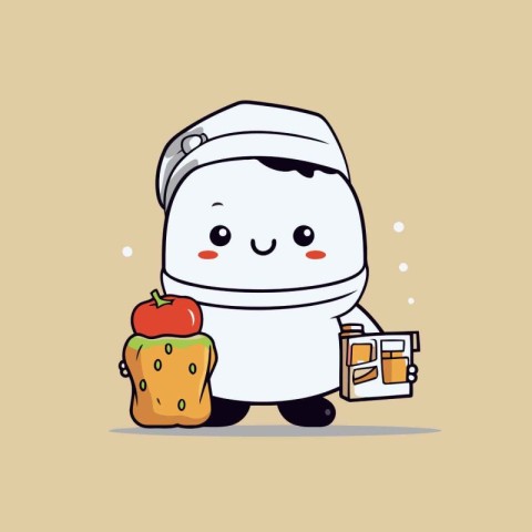 Cute astronaut with a bag of food. Vector cartoon character illu