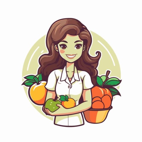 Beautiful young woman with fruits and vegetables. Vector illustr