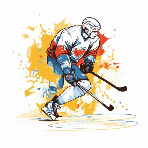 Hockey player with stick and puck in action. vector illustration