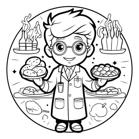 Vector illustration of a boy in a white coat and glasses holding