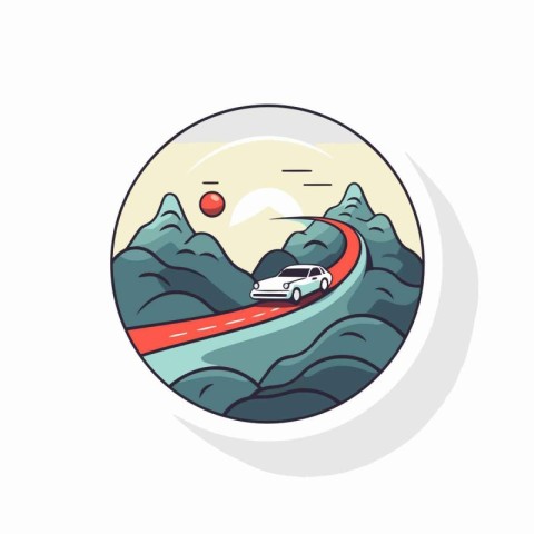 Mountain road round sticker. Vector illustration in flat cartoon